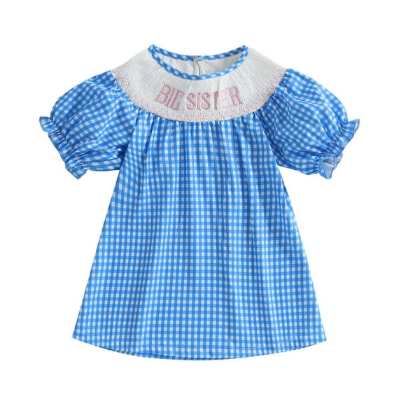 Afdoent Girls Fashion Dresses Girls Smocked Dress With Embroidery Floral Party Gown Plaid Ruffled Sleeves Casual Play Outfit 12-18 Months