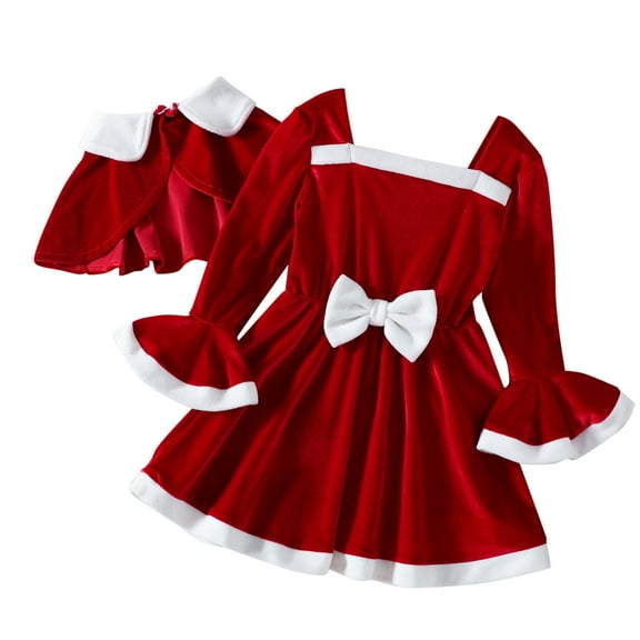 Afdoent Girls Fashion Dresses Toddler Girls Flare Sleeve Christmas Bowknot Dress Robe Cloak Set Kids Holiday Birthday Wedding Outfit 12-18 Months