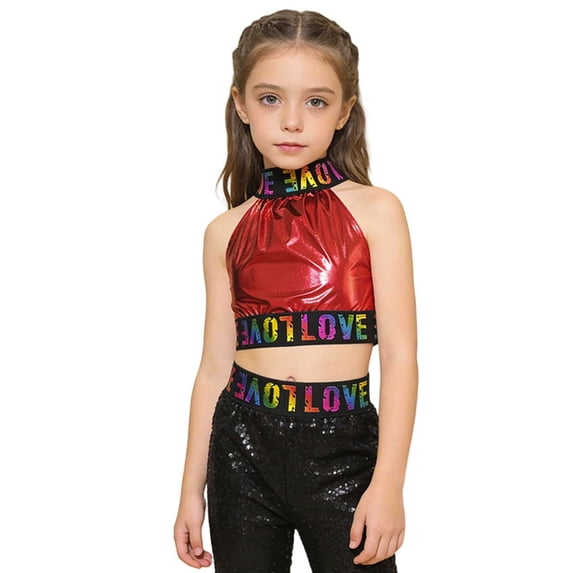Afdoent Girls Glitter Letter Crop Top Off Shoulder Sleeveless Performance Shirt For Dance Party And Stage Wear 3-4 Years