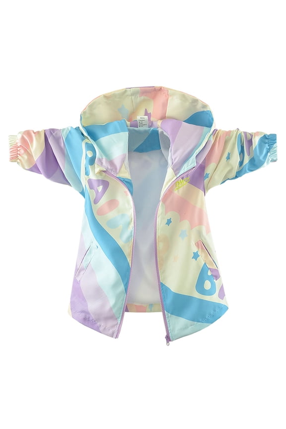 Girls Jacket Raincoat Lightweight Windbreaker Jacket With Colorful Rainbow Printed Lettering Pattern For Autumn Outerwear 13-14 Years