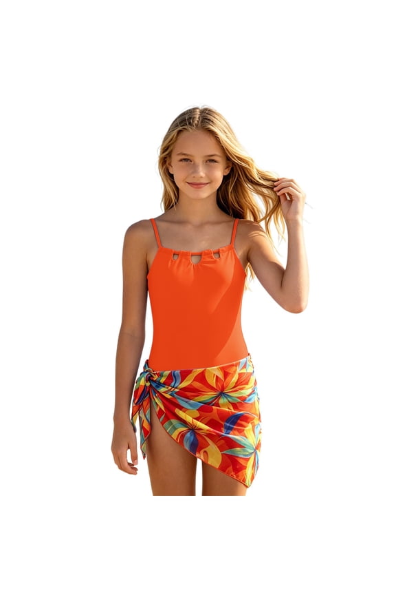 Girls One Piece Swimsuits Kids Orange Tiered Strappy Swimsuit With Floral Print Mesh Overlay Girls For Beach And Summer Swimwear For Beach