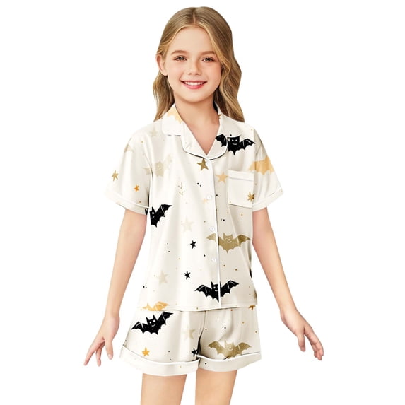 Afdoent Girls Pajamas Set Halloween Bat Print Sleepwear Soft Lightweight Button-Down Top With Shorts 2 Piece Pajamas Loungewear Comfortable Kids Holiday Sleepwear 10-11 Years