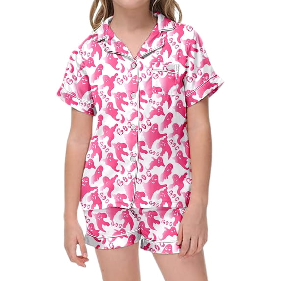 Afdoent Girls Pajamas Set Halloween Ghost Print Sleepwear Short Sleeve Lapel Top And Shorts Comfy Pajamas Set Casual Loungewear Comfortable Kids Holiday Sleepwear 4-5 Years