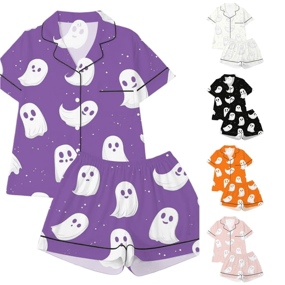 Afdoent Girls Pajamas Set Halloween Ghost Print Sleepwear Short Sleeve With Shorts 2Pcs Pajama Sets For Kids Casual Lapel Loungewear Comfortable Holiday Sleepwear 13-14 Years