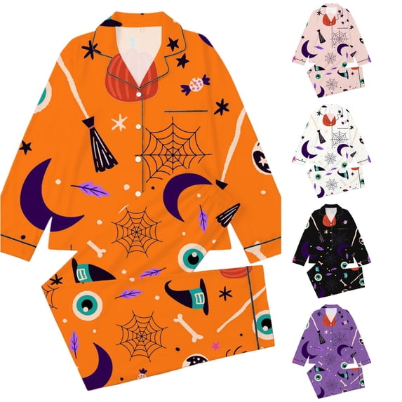 Afdoent Girls Pajamas Set Halloween Print Sleepwear Soft Long Sleeve Button-Down Sleepwear Nightwear 2Pcs Pajama Sets Loungewear Comfortable For Kids Holiday 13-14 Years
