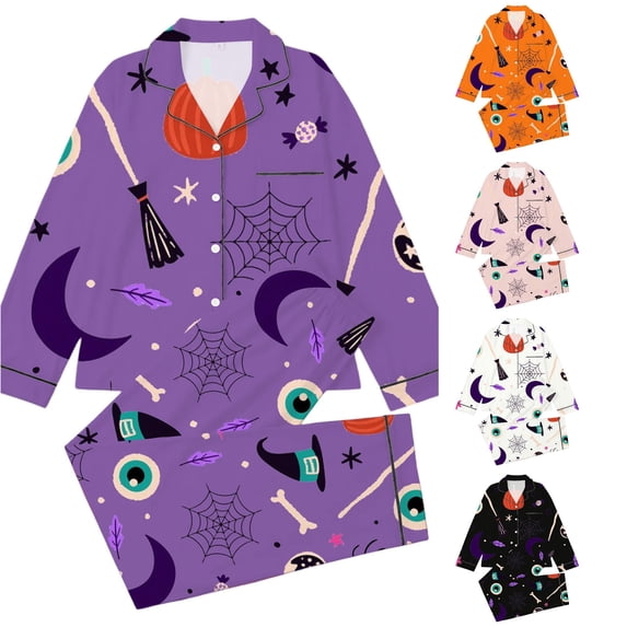 Afdoent Girls Pajamas Set Halloween Print Sleepwear Soft Long Sleeve Button-Down Sleepwear Nightwear 2Pcs Pajama Sets Loungewear Comfortable For Kids Holiday 9-10 Years