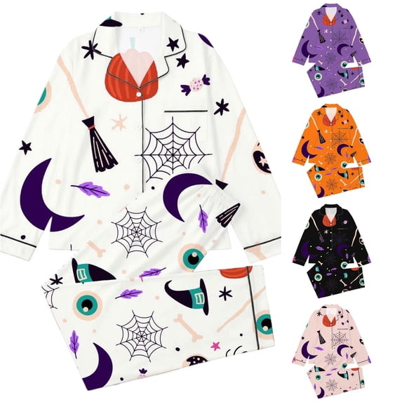 Afdoent Girls Pajamas Set Halloween Print Sleepwear Soft Long Sleeve Button-Down Sleepwear Nightwear 2Pcs Pajama Sets Loungewear Comfortable For Kids Holiday 9-10 Years