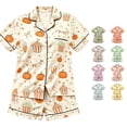thumbnail image 1 of Afdoent Girls Pajamas Set Halloween Pumpkin Print Sleepwear Short Sleeve Lapel Top And Shorts Comfy Pajamas Set Casual Loungewear Comfortable Kids Holiday Sleepwear 14-15 Years, 1 of 4