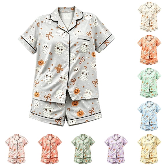 Afdoent Girls Pajamas Set Halloween Pumpkin Print Sleepwear Short Sleeve Lapel Top And Shorts Comfy Pajamas Set Casual Loungewear Comfortable Kids Holiday Sleepwear 7-8 Years