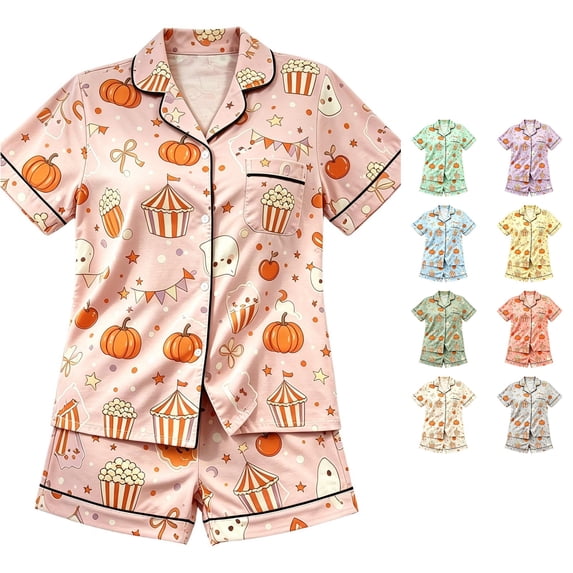 Afdoent Girls Pajamas Set Halloween Pumpkin Print Sleepwear Short Sleeve Lapel Top And Shorts Comfy Pajamas Set Casual Loungewear Comfortable Kids Holiday Sleepwear 4-5 Years