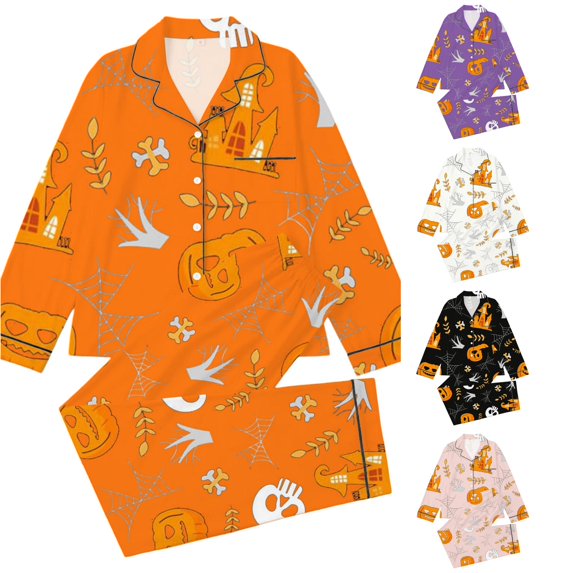 Afdoent Girls Pajamas Set Halloween Pumpkin Print Sleepwear Soft Long Sleeve Button-Down Sleepwear Nightwear 2Pcs Pajama Sets Loungewear Comfortable For Kids Holiday 3-4 Years
