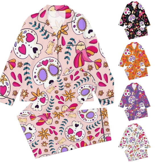 Afdoent Girls Pajamas Set Halloween Skeleton Print Sleepwear Long Sleeve Jammies Button-Down Nightwear Loungewear Comfortable For Kids Holiday 5-6 Years