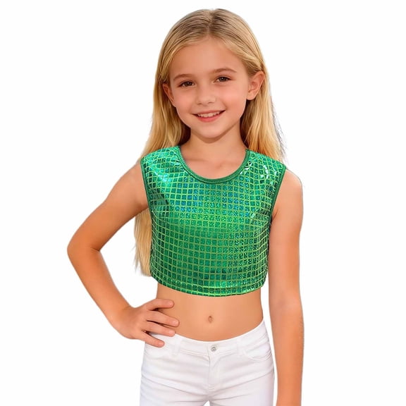 Afdoent Girls Square Glitter Printed Crop Top Sleeveless Tank Casual Party Performance Wear Fashion Stretch Comfort Fit Youth 160
