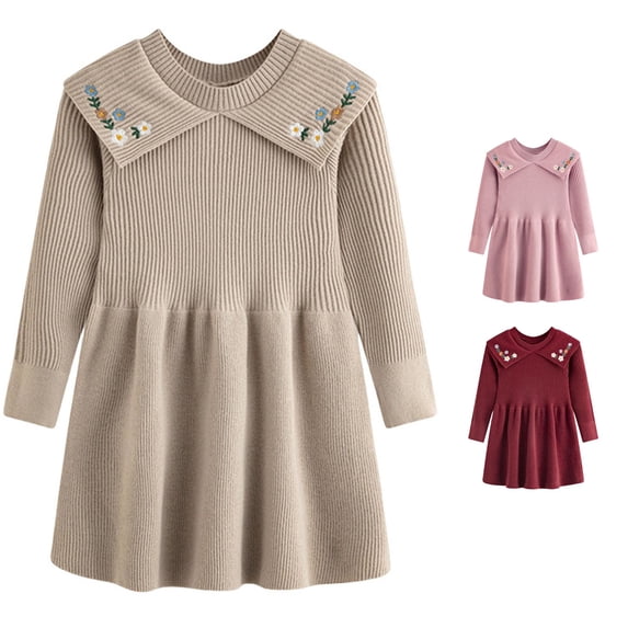 Afdoent Girls Sweater Dress Embroidered Floral Knitted Sweater Dress Loose A-Line Cute Long Sleeve Clothes for Kids Fall Winter 5-6 Years