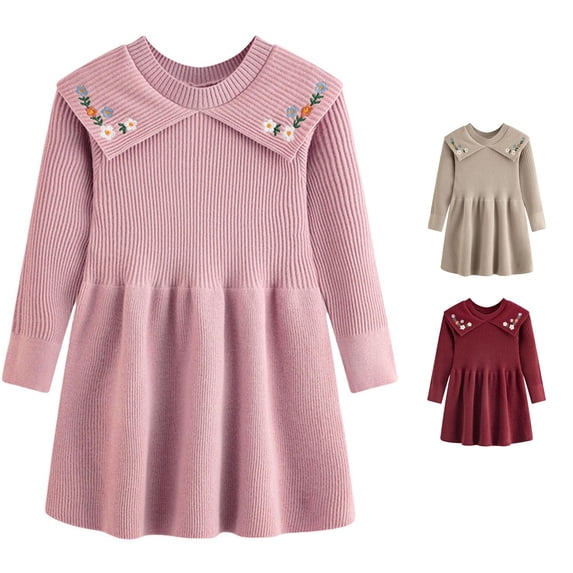 Afdoent Girls Sweater Dress Toddler Embroidered Floral Knitted Sweater Dress Loose A-Line Cute Long Sleeve Clothes for Kids Fall Winter 3-4 Years