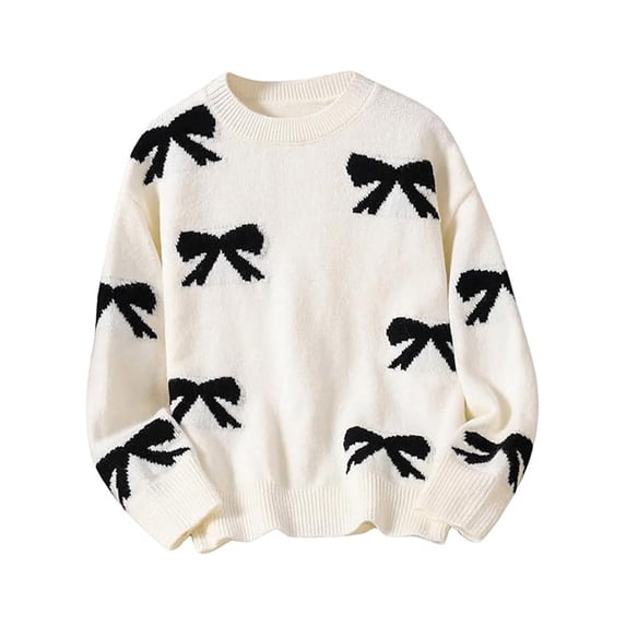 Afdoent Girls Sweaters Cute Bow Crewneck Sweater Long Sleeve Knit Pullover Tops for Casual Fall Winter Clothes 5-6 Years