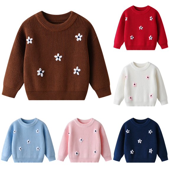 Afdoent Girls Sweaters Embroidered Flower Knitted Sweater for Kids Soft Pullover Top for Baby and Cozy Fall Winter Daily Wear 9-12 Months