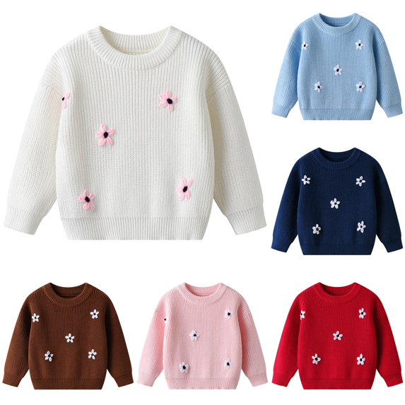 Afdoent Girls Sweaters Embroidered Flower Knitted Sweater for Kids Soft Pullover Top for and Cozy Fall Winter Daily Wear 5-6 Years