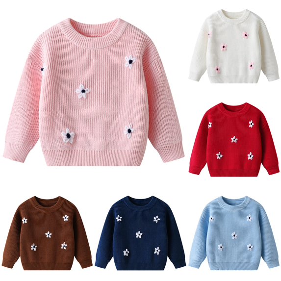 Afdoent Girls Sweaters Embroidered Flower Knitted Sweater for Kids Soft Pullover Top for and Cozy Fall Winter Daily Wear 7-8 Years