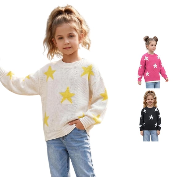 Afdoent Girls Sweaters Star Pattern Knitted Sweater Cozy Casual Crewneck Pullover for Kids 10-12 Years