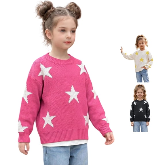 Afdoent Girls Sweaters Star Pattern Knitted Sweater Cozy Casual Crewneck Pullover for Kids 10-12 Years