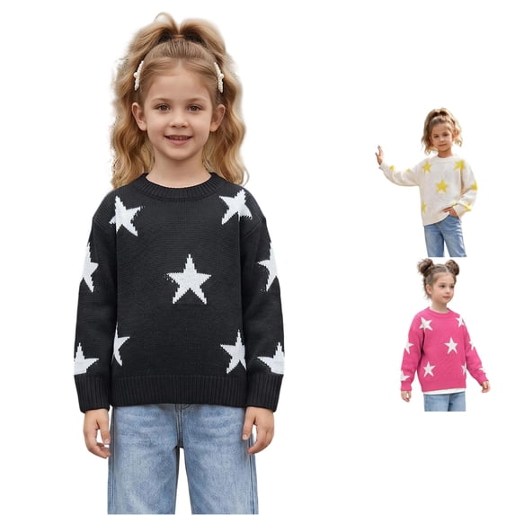 Afdoent Girls Sweaters Star Pattern Knitted Sweater Cozy Casual Crewneck Pullover for Kids 10-12 Years
