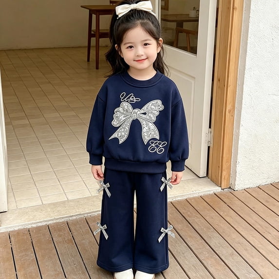 Afdoent Girls Sweatsuit Sets Embroidered Bow Long Sleeve Crew Neck Sweatshirt Sweatpants Toddler Baby Two Piece Outfit 4-5 Years