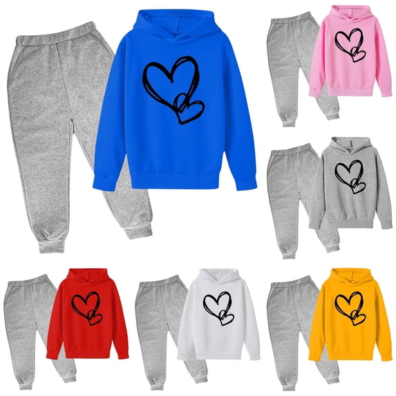 Afdoent Girls Sweatsuit Sets Heart Print Oversized Hoodie And Sweatpants Set 2 Piece Outfits Preppy Clothes Fall Winter Clothing Sets 5-6 Years