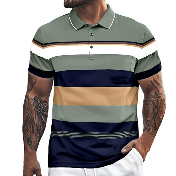 Afdoent Golf Polo Shirts For Men Color Block Striped Lapel Button Open Neck Pocket Top For Male Loose Comfortable Trendy Business Short Sleeve Shirt Classic Sport Shirts