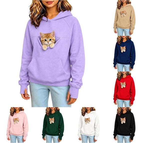 Afdoent Hoodies for Girls Cat Pouch Hoodie with Pockets Pet Carrier Pullover Animal Holder Long Sleeve Tops Fall Winter 11-12 Years