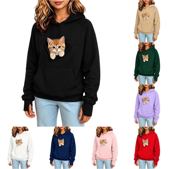 Afdoent Hoodies for Girls Cat Pouch Hoodie with Pockets Pet Carrier Pullover Animal Holder Long Sleeve Tops Fall Winter 11-12 Years