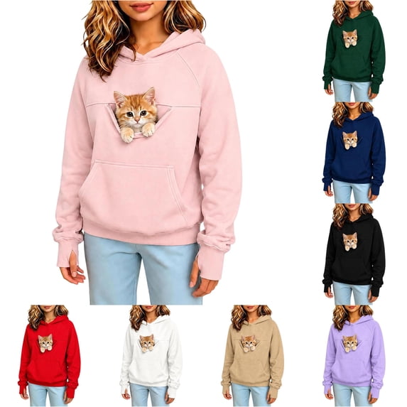 Afdoent Hoodies for Girls Cat Pouch Hoodie with Pockets Pet Carrier Pullover Animal Holder Long Sleeve Tops Fall Winter 13-14 Years