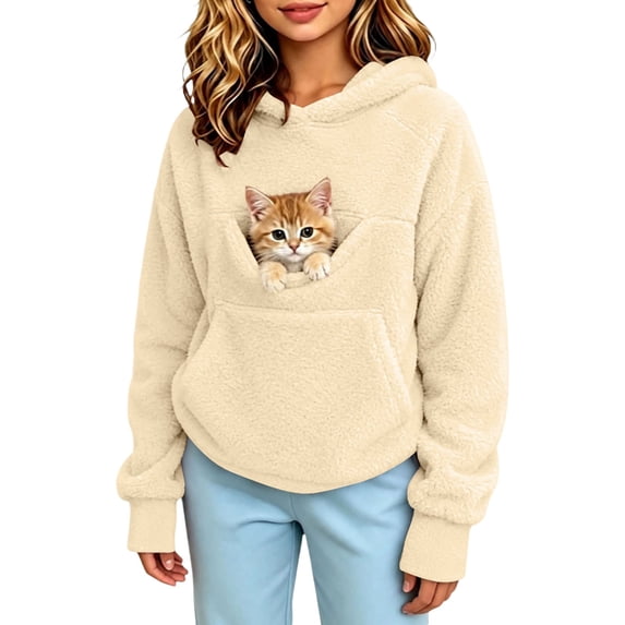 Afdoent Hoodies for Girls Cat Pouch Hoodie with Pockets Pet Carrier Pullover Animal Holder Warm Winter Long Sleeve Tops 7-8 Years