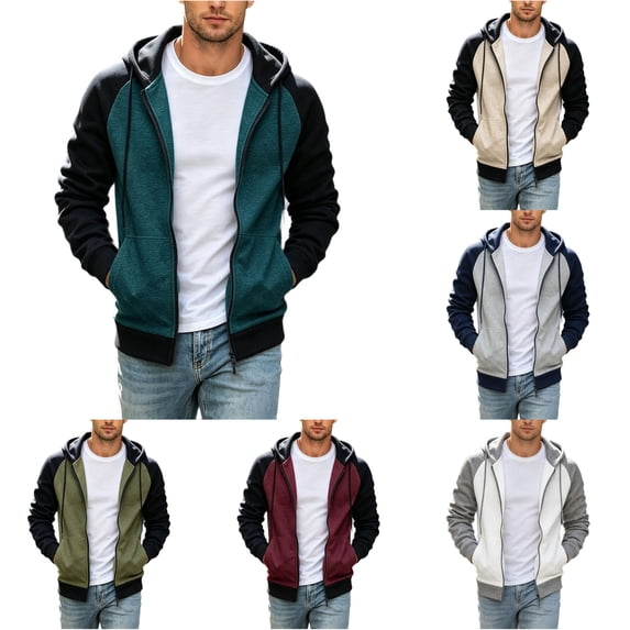 Afdoent Hoodies for Men Color Block Zip Up Hoodie Classic Hooded Sweatshirt with Front Pouch Pocket and Cozy Streetwear
