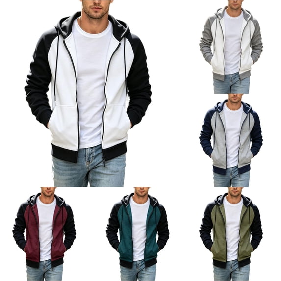 Afdoent Hoodies for Men Color Block Zip Up Hoodie Classic Hooded Sweatshirt with Front Pouch Pocket and Cozy Streetwear
