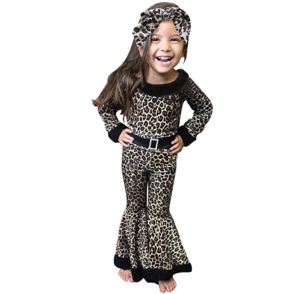 Afdoent Kid Girls Clothes Baby Girls Leopard Print Outfit Long Sleeve Romper Flare Pants Set Headband 3Pcs Fall Winter Clothes 0-3 Months