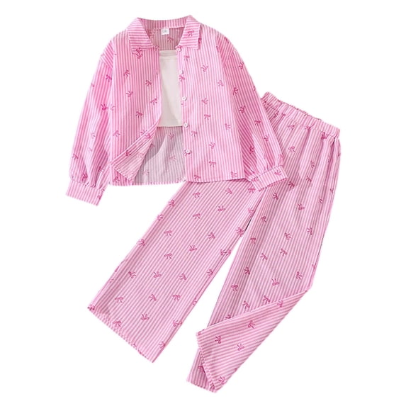 Afdoent Kid Girls Clothes Outfits Set Kids Long Sleeve Shirt And Pants Striped Bow Tie Casual Wear For Autumn Daily Outfits Comfortable Childrens Clothing 11-12 Years