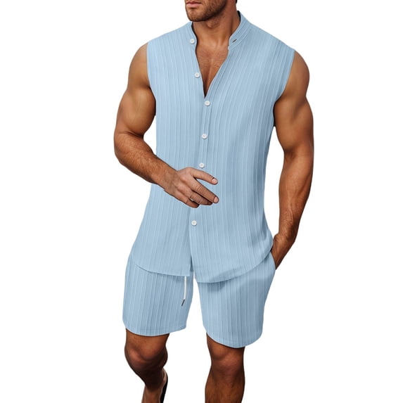 Afdoent Men's 2 Piece Short Set Mens Casual Suits For Everyday Wear Sleeveless Shirt And Shorts Set With Stripes For Spring And Summer Beach Clothes Comfortable