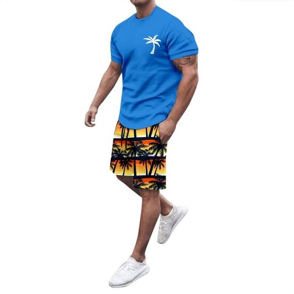 Afdoent Men's 2 Piece Short Set Mens Hawaiian Crew Neck Short Sleeve T Shirt And Printed Shorts Two Piece Set Beach Clothes Classic