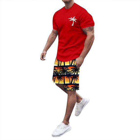 Afdoent Men's 2 Piece Short Set Mens Hawaiian Crew Neck Short Sleeve T Shirt And Printed Shorts Two Piece Set Vacation Beach Leisure