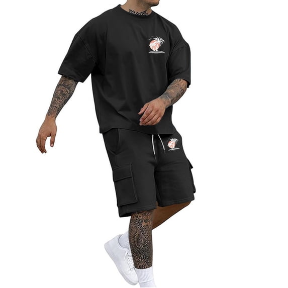 Afdoent Men's 2 Piece Short Set Mens Short Sleeved T Shirt And Shorts Set With Pocket Casual Work Summer With Stretchy Fabric Comfort Beach Vacation Outfits