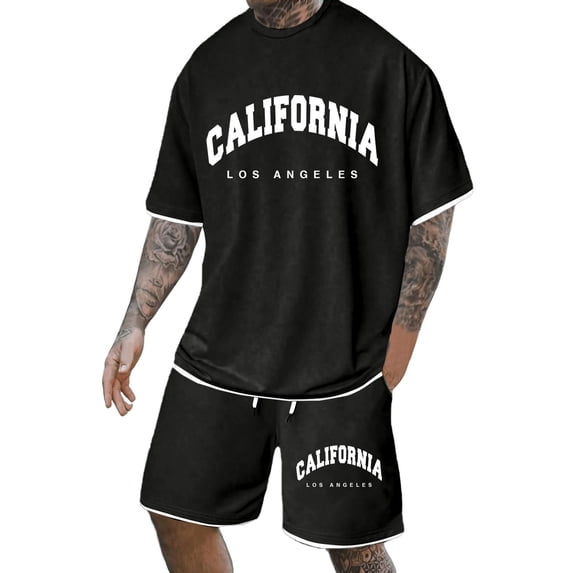 Afdoent Men's 2 Pieces Outfits Men Casual For Everyday Wear Stylish Party Outfit Letter Printed Design Versatile Summer Comfortable Vacation Beach Casual