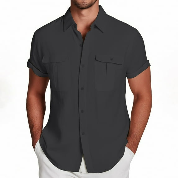 Afdoent Men's Casual Shirts Male Solid Color Top Shirt Double Pocket Short Sleeve Elegant Turn Down Shirt Button Formal Shirt Casual Vacation Top