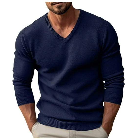Afdoent Men's Long Sleeve Sweater Mens Knitwear V Neck Slim Long Sleeve Sweater Fall Winter Soft Pullover Top