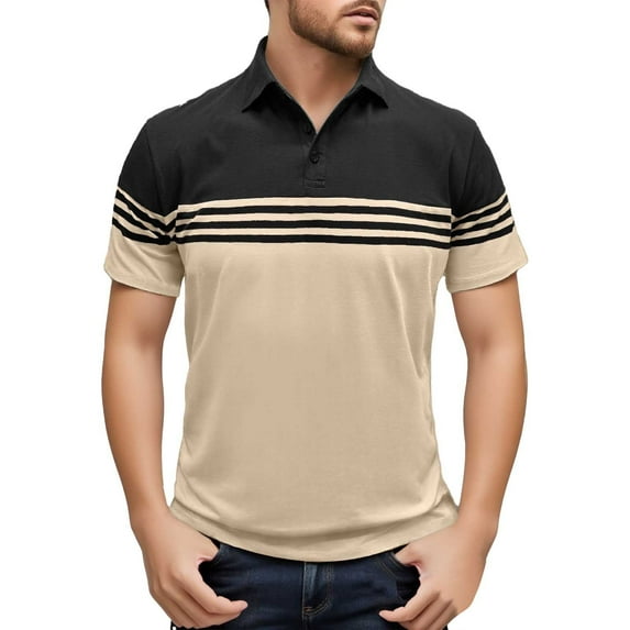 Afdoent Men's Polo Shirt Male Spring Summer Fashion Casual Short Sleeve Striped Shirt Lapel Shirt Color Matching Top Comfortable