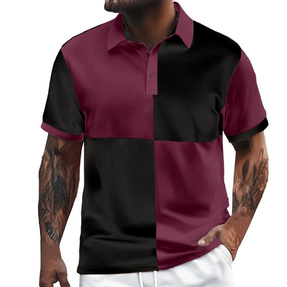 Afdoent Men's Polo Shirts Color Block Square Male Leisure Loose Comfortable Trendy Business Lapel Button Lapel Short Sleeve Shirt Casual Bussiness