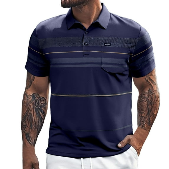 Afdoent Men's Polo Shirts Color Block Striped Lapel Button Open Neck Pocket Top For Male Loose Comfortable Trendy Business Short Sleeve Shirt Casual Bussiness