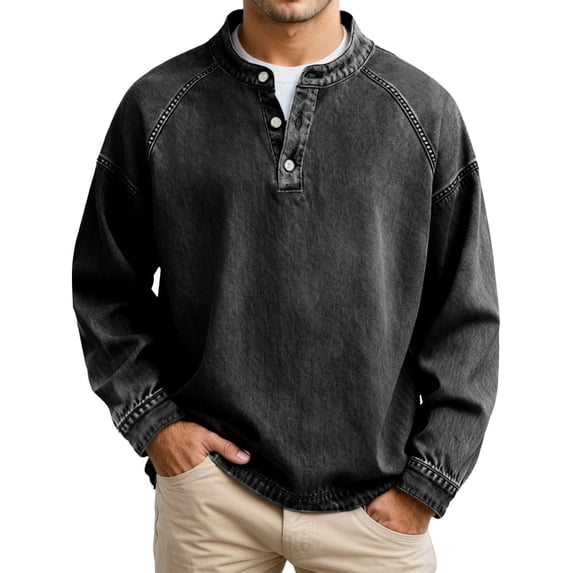 Afdoent Men's Polo Shirts Timeless Washed Long Sleeve Shirt For With Classic Crew Neck And Button Placket Comfortable