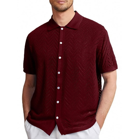 Afdoent Men's Shirts Male Casual Knit Shirt Summer Hollow Breathable Cool Short Sleeve Top Cardigan Male Casual Vacation Top