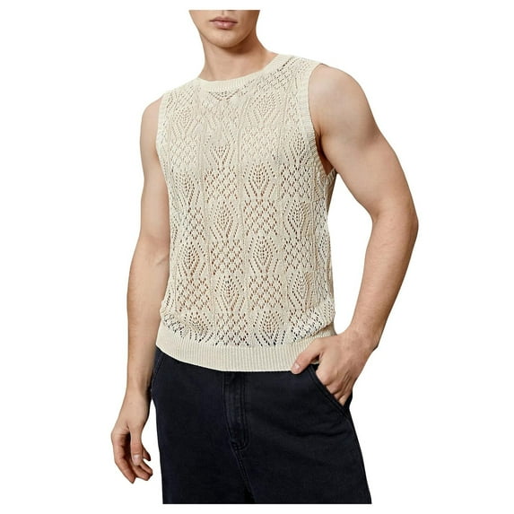 Afdoent Men's Tank Top Male Knitted Hollowed Out Vest Crew Neck Sleeveless Comfortable